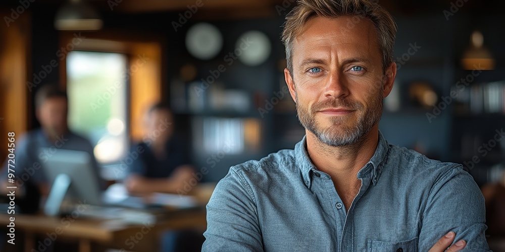 Fototapeta premium Confident middle-aged man with folded arms standing in a modern office space featuring bookshelves and colleagues in the background