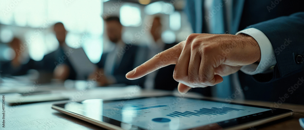 Effective Meeting, Close-up of a businessman's hand pointing to a tablet displaying financial data during a meeting with colleagues Effective Meeting, Close-up of a businessman's hand pointing to a tablet displaying financial data during a meeting with colleagues