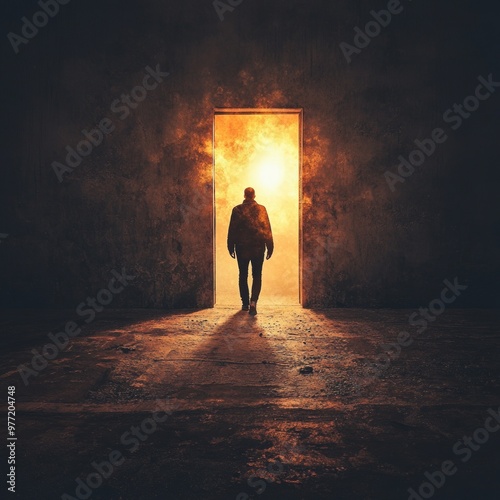 A silhouette stands before a glowing doorway in a dark space.