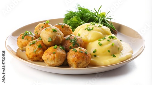 Fish balls, often served with mashed potatoes and mustard, isolated on white Background':