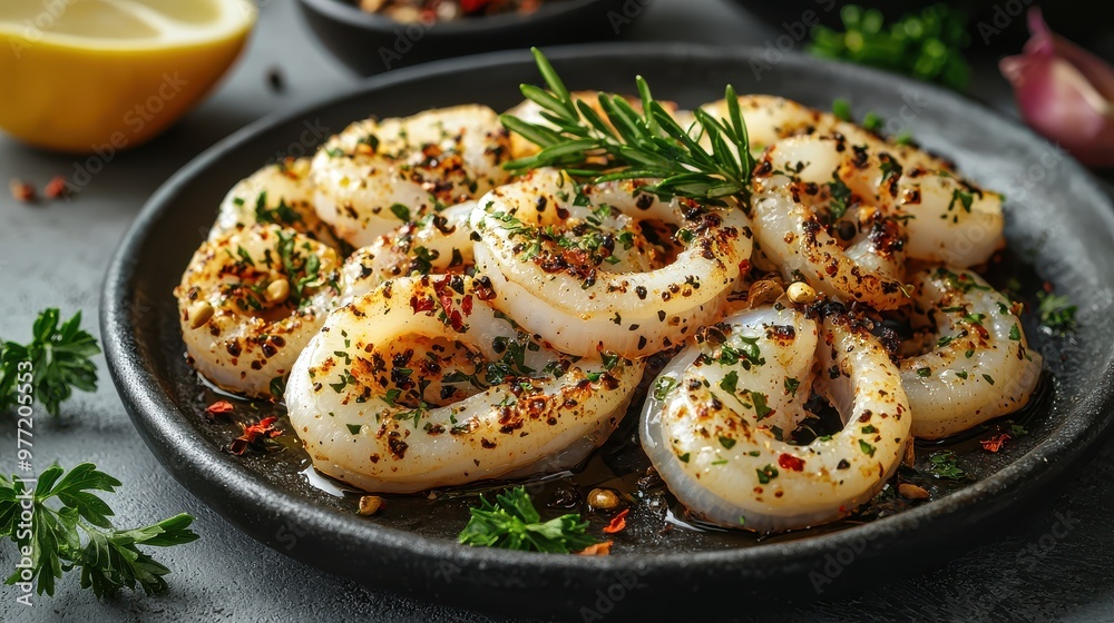 Grilled Calamari with Herbs and Spices on Grey Background Grilled Calamari with Herbs and Spices on Grey Background