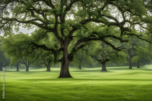 A peaceful green meadow with a few tall oak trees, AI Generated