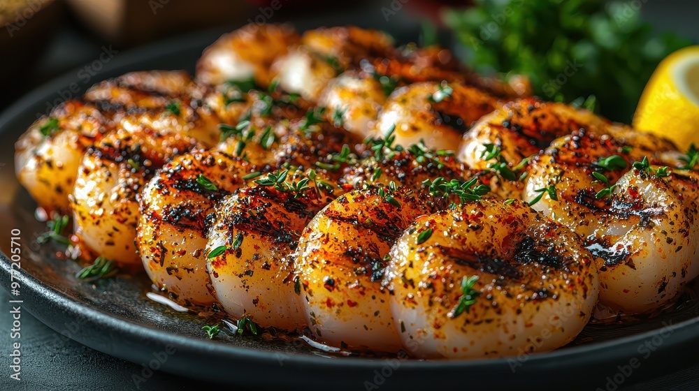 Grilled Calamari with Herbs and Spices on Grey Background Grilled Calamari with Herbs and Spices on Grey Background