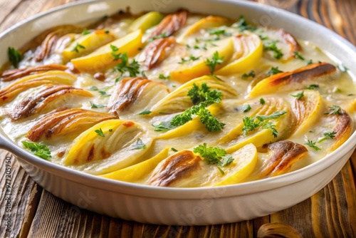 Potatoes and anchovies intertwined in a delicate dance, the gratin's creamy sauce glistening like a subtle sheen on a summer morning.