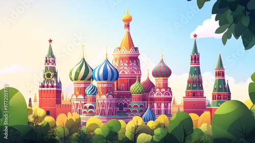 Colorful illustration of Moscow's iconic St. Basil's Cathedral surrounded by leafy trees photo