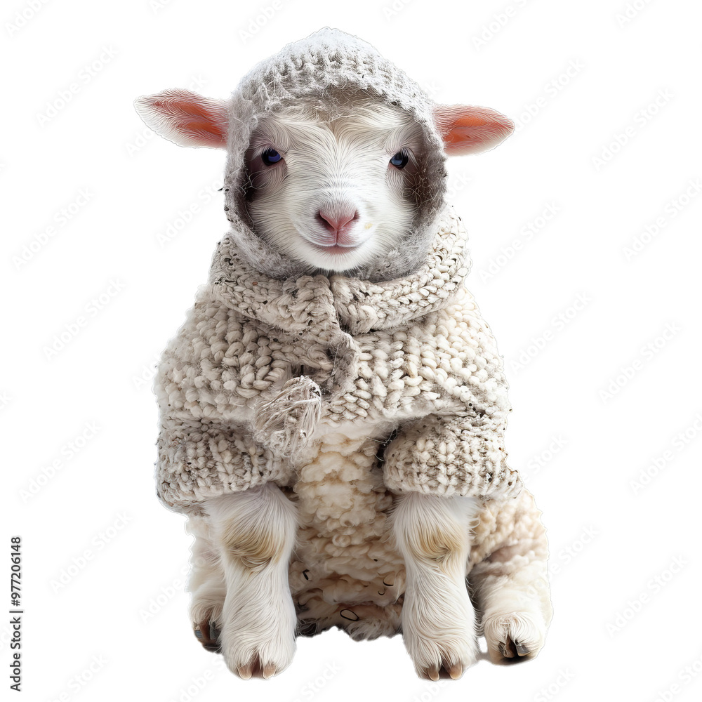 Fototapeta premium Young sheep wearing knitted clothing and posing in front of a white background