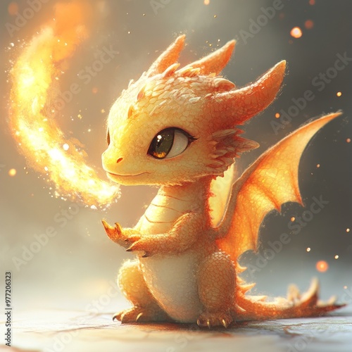 A small, cute dragon breathing fire in a magical setting.