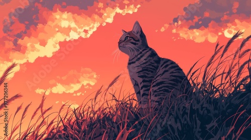 A cat perched on a grassy hilltop with the sky turning shades of pink and orange, Japanese animation background