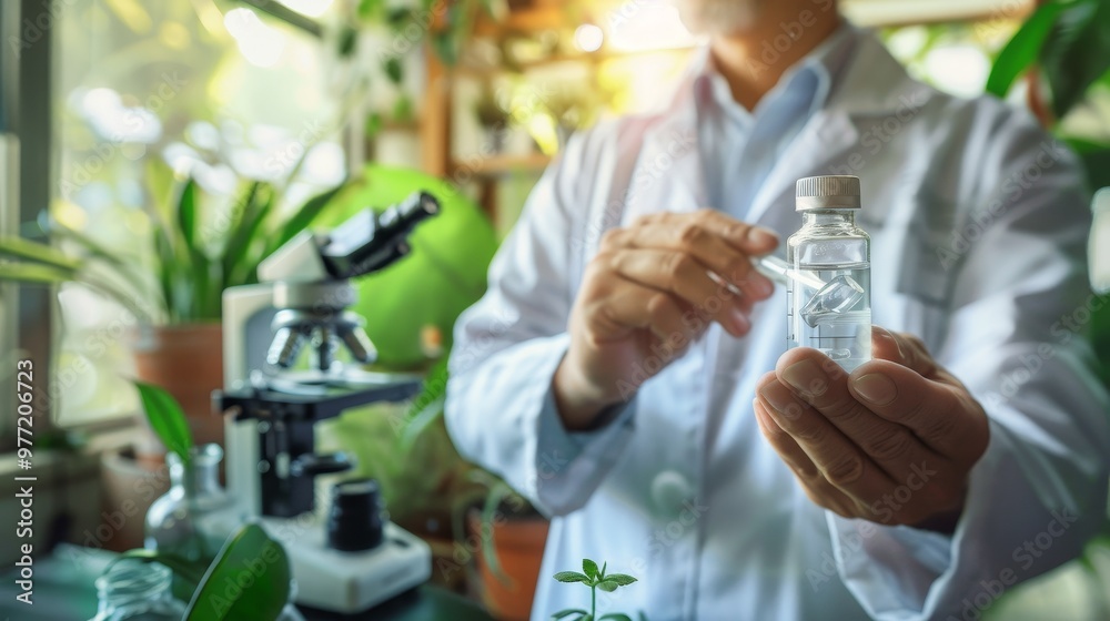 Scientist in lab coat holding vial of experimental drug, with microscope and scientific equipment, symbolizing drug trials and medical research process. Scientist in lab coat holding vial of experimental drug, with microscope and scientific equipment, symbolizing drug trials and medical research process.