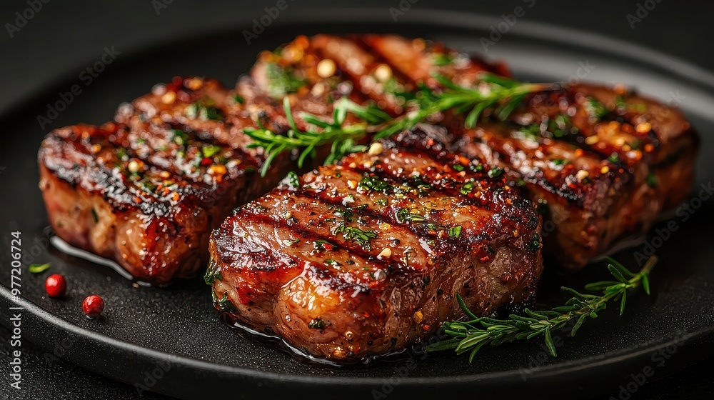 Grilled Lamb Chops with Herbs and Spices on Grey Background Grilled Lamb Chops with Herbs and Spices on Grey Background