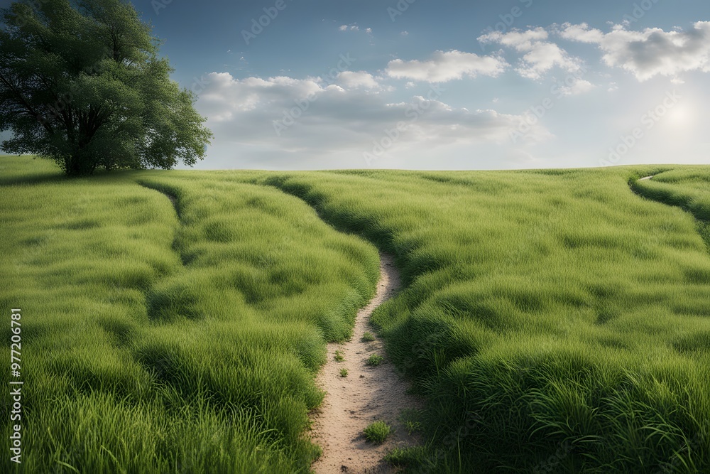 Obraz premium A peaceful meadow with a narrow trail leading through the grass toward the horizon, Ai Generated