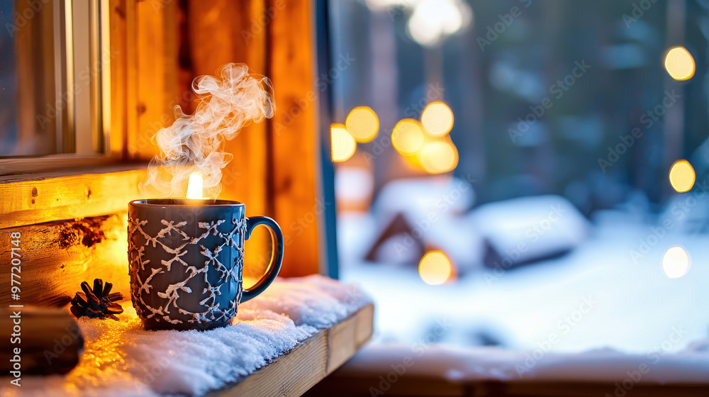 Cozy winter scene featuring a steaming mug of hot beverage on a snowy windowsill with a blurred cabin background Cozy winter scene featuring a steaming mug of hot beverage on a snowy windowsill with a blurred cabin background