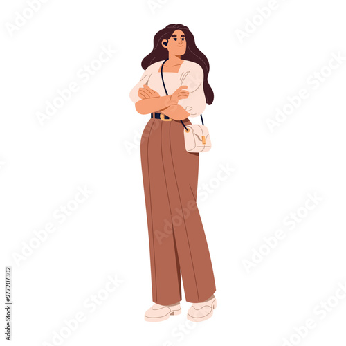 Young businesswoman wearing stylish outfit. Business woman in trousers with headset. Girl with headphones holds bag on shoulder, crosses hands. Flat isolated vector illustration on white background