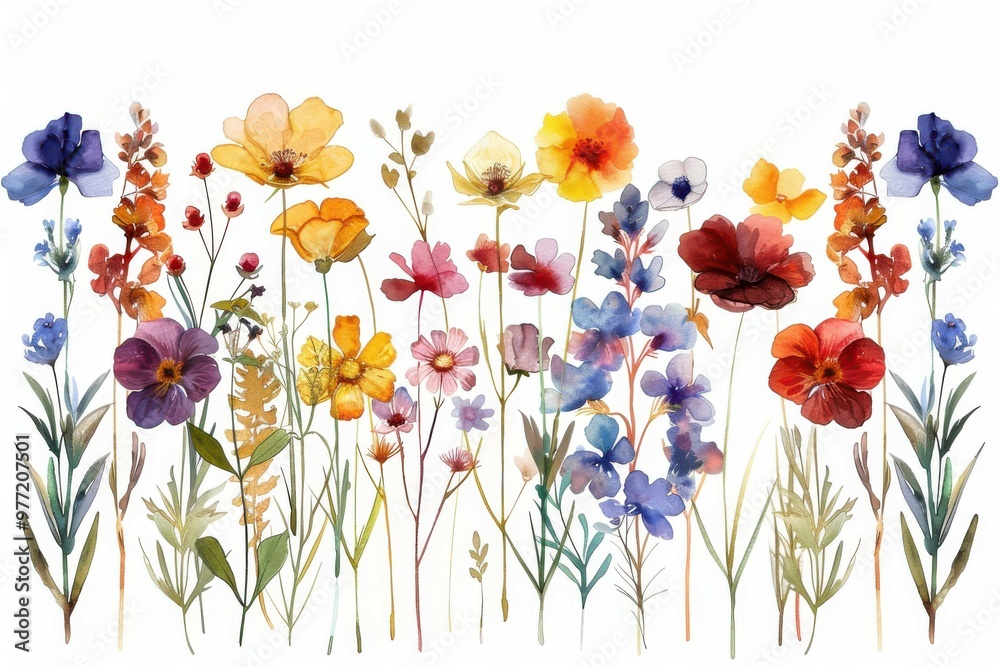 Fototapeta premium autumn themed different wildflowers spacing, botanical style showcase, watercolor clipart on white background