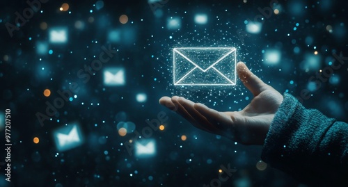 Businessman touching a white email icon floating on a blue background with dots, a business and technology concept. photo