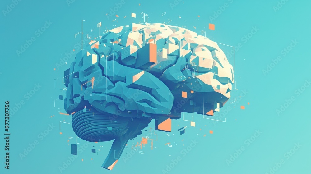 Naklejka premium A futuristic illustration of a brain composed of angular geometric shapes and digital elements, set against a light blue background with vibrant highlights.