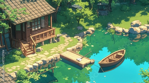 Anime style illustration, flat anime illustration of Cottage by a serene lake, a small dock with a rowboat tied up, reflections of the cottage and surrounding trees in the still lake  photo