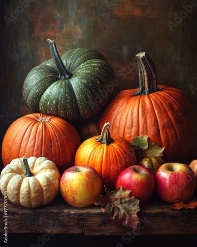 Close-up of pumpkins, apples, and squash on rustic wooden table in autumn harvest scene