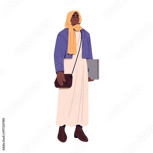 Young Islamic woman in hijab holds laptop in hand. Muslim girl in headscarf with stylish shoulder bag. Fashion moslem in dress to office work. Flat isolated vector illustration on white background