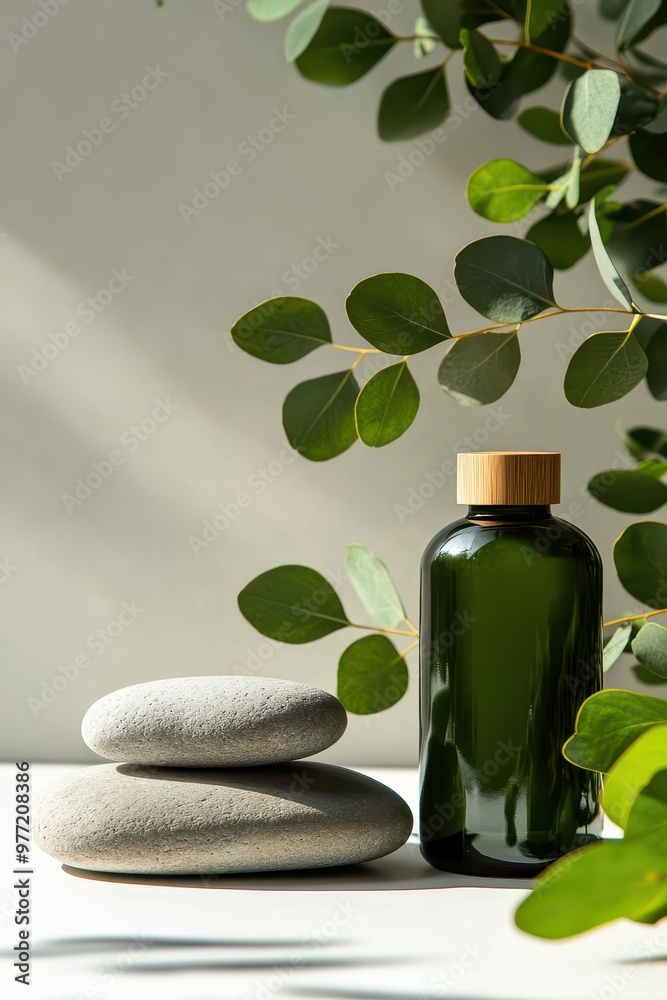 A serene composition featuring a green bottle, smooth stones, and lush leaves, evoking tranquility and natural beauty. A serene composition featuring a green bottle, smooth stones, and lush leaves, evoking tranquility and natural beauty.