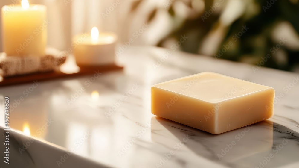 A serene setting featuring a natural soap bar alongside lit candles, perfect for wellness and relaxation themes. A serene setting featuring a natural soap bar alongside lit candles, perfect for wellness and relaxation themes.