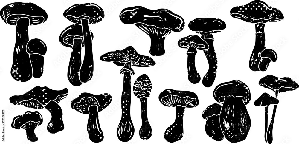 Large set of different mushrooms. Linocut style element texture surface vector Large set of different mushrooms. Linocut style element texture surface vector