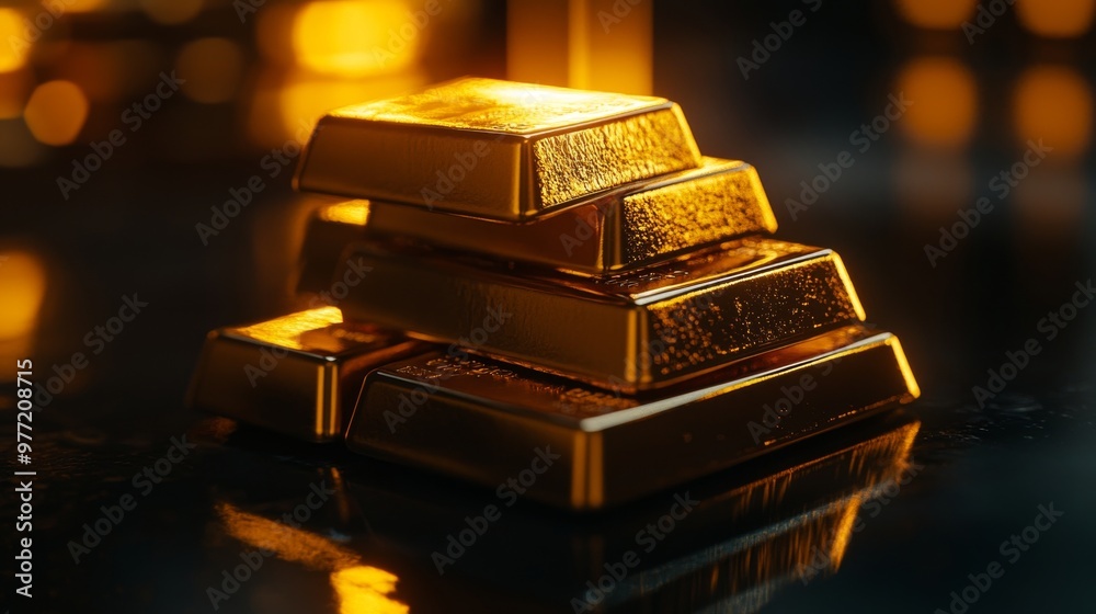 close-up of stacked gold bars on reflective surface with soft warm lighting and minimalist background