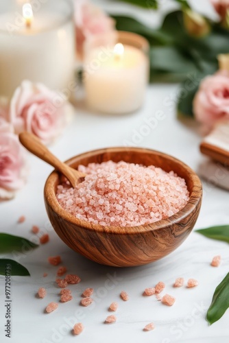 A tranquil setup featuring pink salt in a wooden bowl surrounded by candles and flowers, perfect for relaxation and wellness themes.