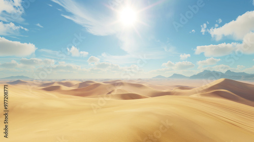 Expansive desert landscape with sand dunes stretching into the horizon