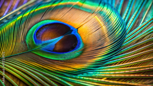 Close up of a brightly colored peacock feather