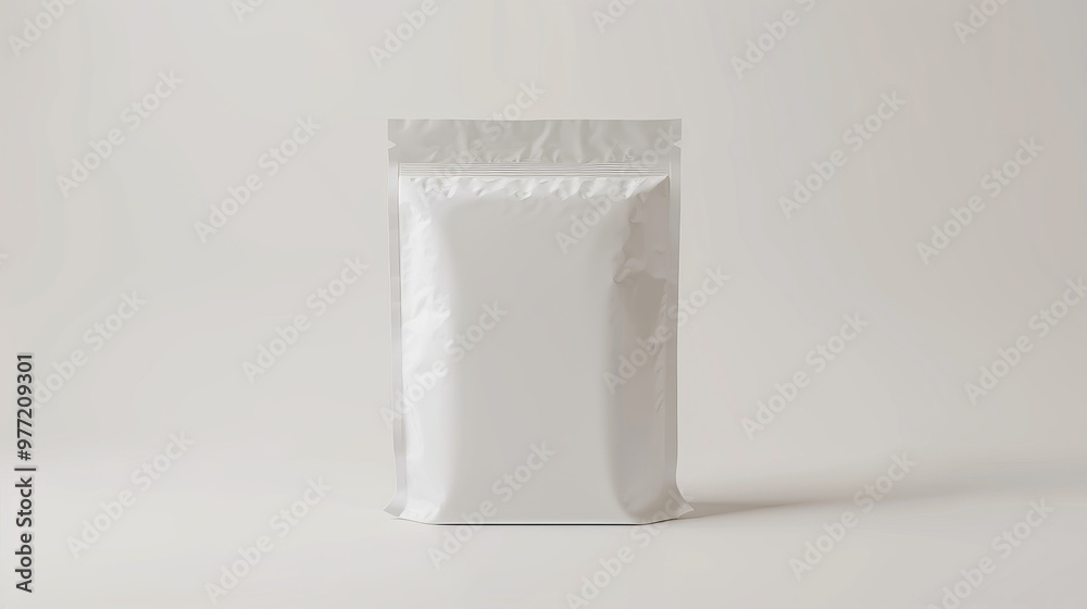 A sealed, plain white pouch stands upright against a soft, neutral background. The simplicity of the design creates an elegant and modern look suitable for various products A sealed, plain white pouch stands upright against a soft, neutral background. The simplicity of the design creates an elegant and modern look suitable for various products