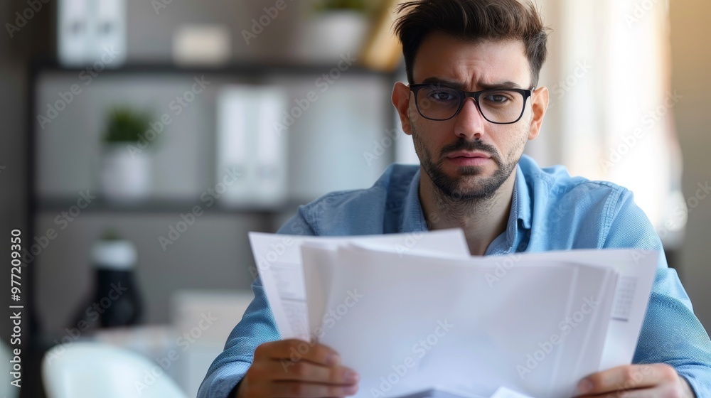 Man sitting at desk with concerned expression, holding stack of papers symbolizing financial stress and national debt, emphasizing personal and economic challenges. Man sitting at desk with concerned expression, holding stack of papers symbolizing financial stress and national debt, emphasizing personal and economic challenges.