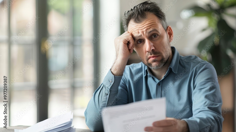 Naklejka premium Man sitting at desk with concerned expression, holding stack of papers symbolizing financial stress and national debt, emphasizing personal and economic challenges.