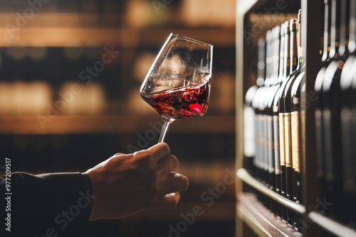 Close-Up View of Sommelier Evaluating Red Wine in Cellar