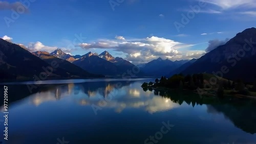 Time Lapse - Majestic Mountain Mirror - Tranquil Alpine Lake Reflections with moving clouds photo