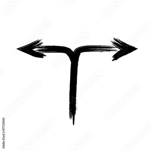 Hand drawn black diverging double edged grunge arrow, bold brush stroke. Modern graffiti design element