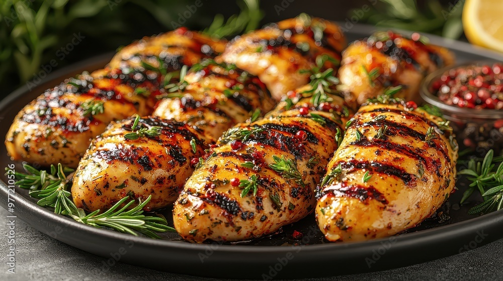 Lemon Herb Grilled Chicken with Herbs and Spices on Grey Background Lemon Herb Grilled Chicken with Herbs and Spices on Grey Background