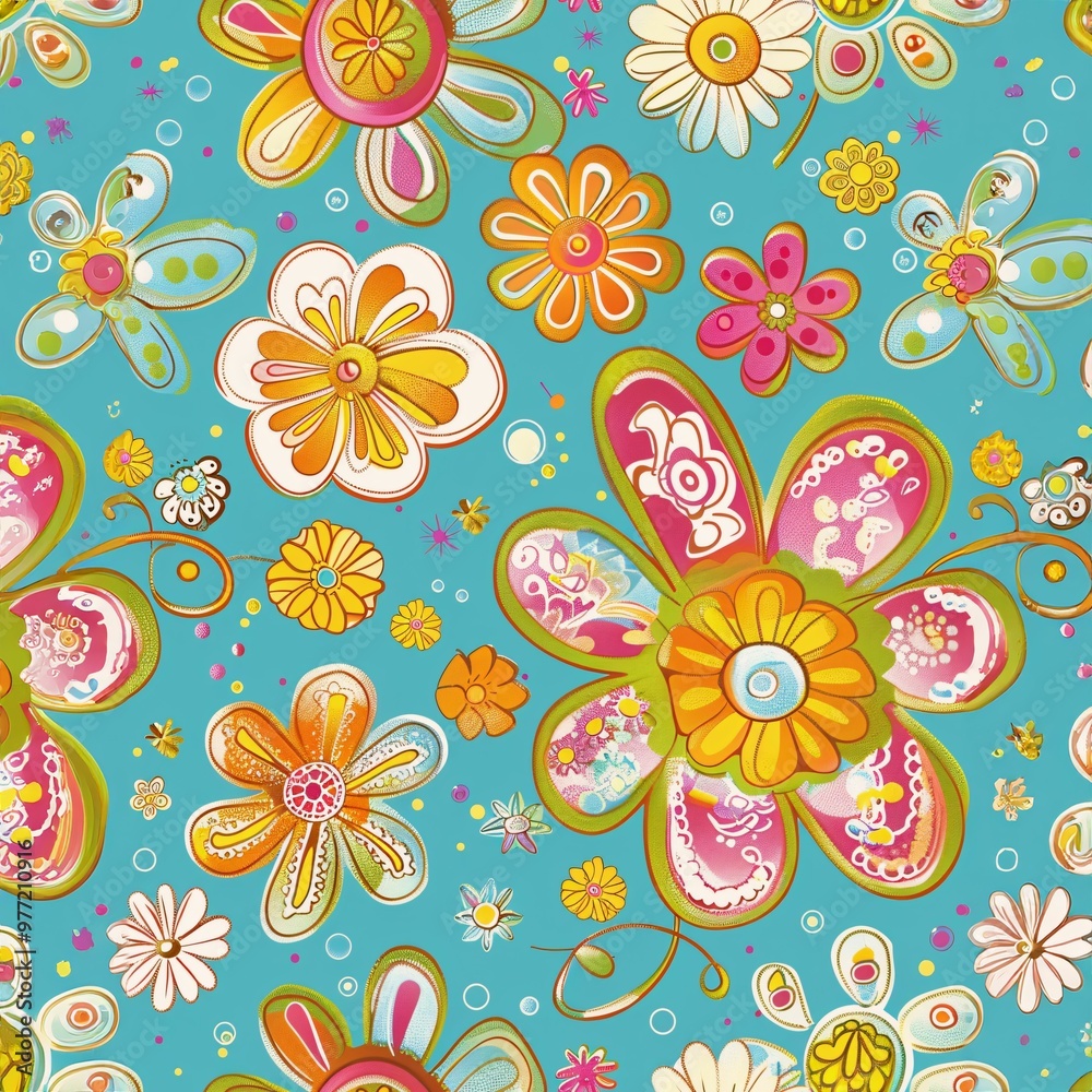 A Colorful Flower Pattern On A Blue Background, a high resolution AI illustration A Colorful Flower Pattern On A Blue Background, a high resolution AI illustration