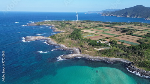 Drone view of Goto Fukue island, Nagasaki, Japan