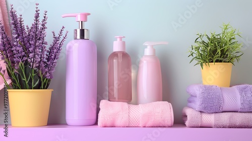 Organized mauve hygiene goods on a colorful backdrop