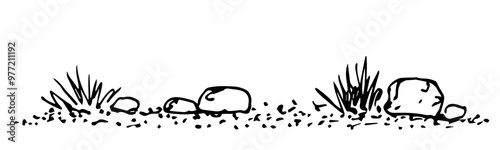Hand drawn simple vector illustration with black outline. Bushes of grass, stones and sand, steppe plants, prairie, desert area. Nature and vegetation. Sketch in ink.