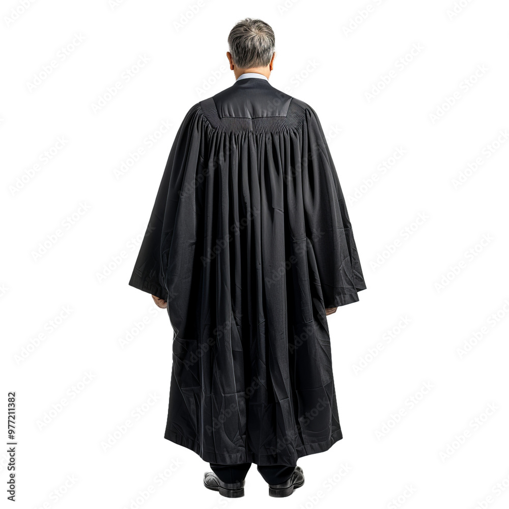 Judge wearing a judicial robe, standing with his back turned, symbolizing authority, justice, and the legal system Judge wearing a judicial robe, standing with his back turned, symbolizing authority, justice, and the legal system