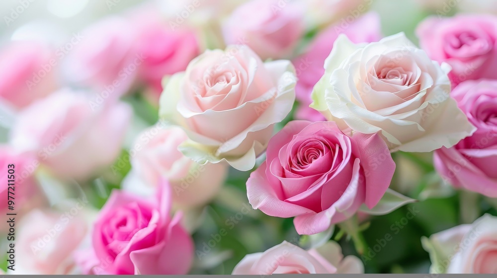 Pink. And White Roses, A Delicate Bouquet Close Up . Floral Macro Background Of Tender Rose Flowers Pink. And White Roses, A Delicate Bouquet Close Up . Floral Macro Background Of Tender Rose Flowers