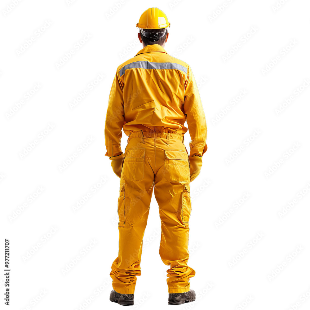 Rear view of a construction worker wearing yellow coverall and hardhat standing on white background Rear view of a construction worker wearing yellow coverall and hardhat standing on white background