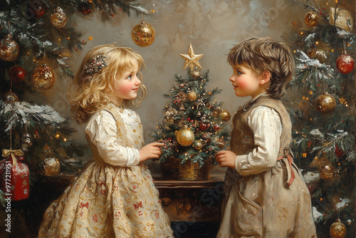 Christmas and New Year's card. Children at the Christmas tree. Holiday Christmas illustration in the style of a painting picture. 19th century style. Postcard. Ai generative.