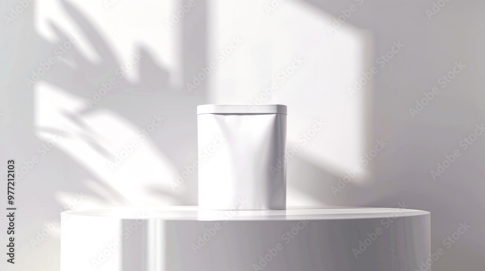 A sleek white container sits on a round table, beautifully illuminated by natural sunlight. Shadows play across the table, enhancing the minimalist aesthetic of the space A sleek white container sits on a round table, beautifully illuminated by natural sunlight. Shadows play across the table, enhancing the minimalist aesthetic of the space