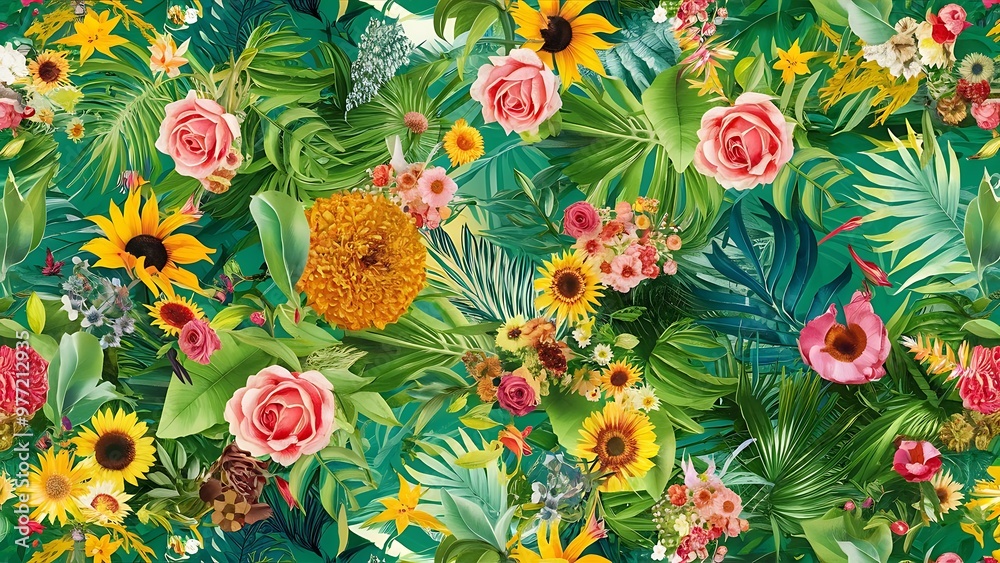 Fototapeta premium Seamless summer pattern with flowers and leaves on green background.