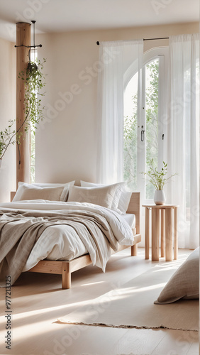 Tranquil Minimalist Bedroom with Natural Wood and Abundant Light