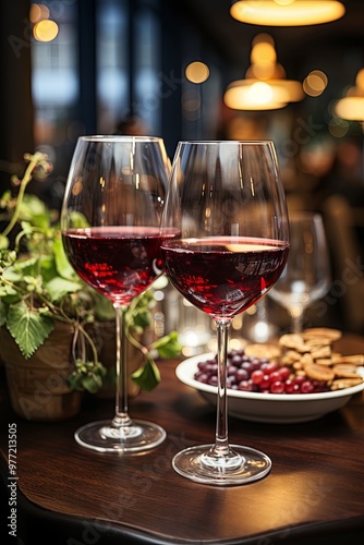 Two glasses of red wine on a wooden table in a restaurant. Glasses of wine and appetizers on table in restaurant, closeup.