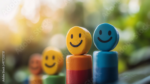 Colorful smiley faces on blocks symbolize happiness, positivity, and joy in a vibrant outdoor setting. photo